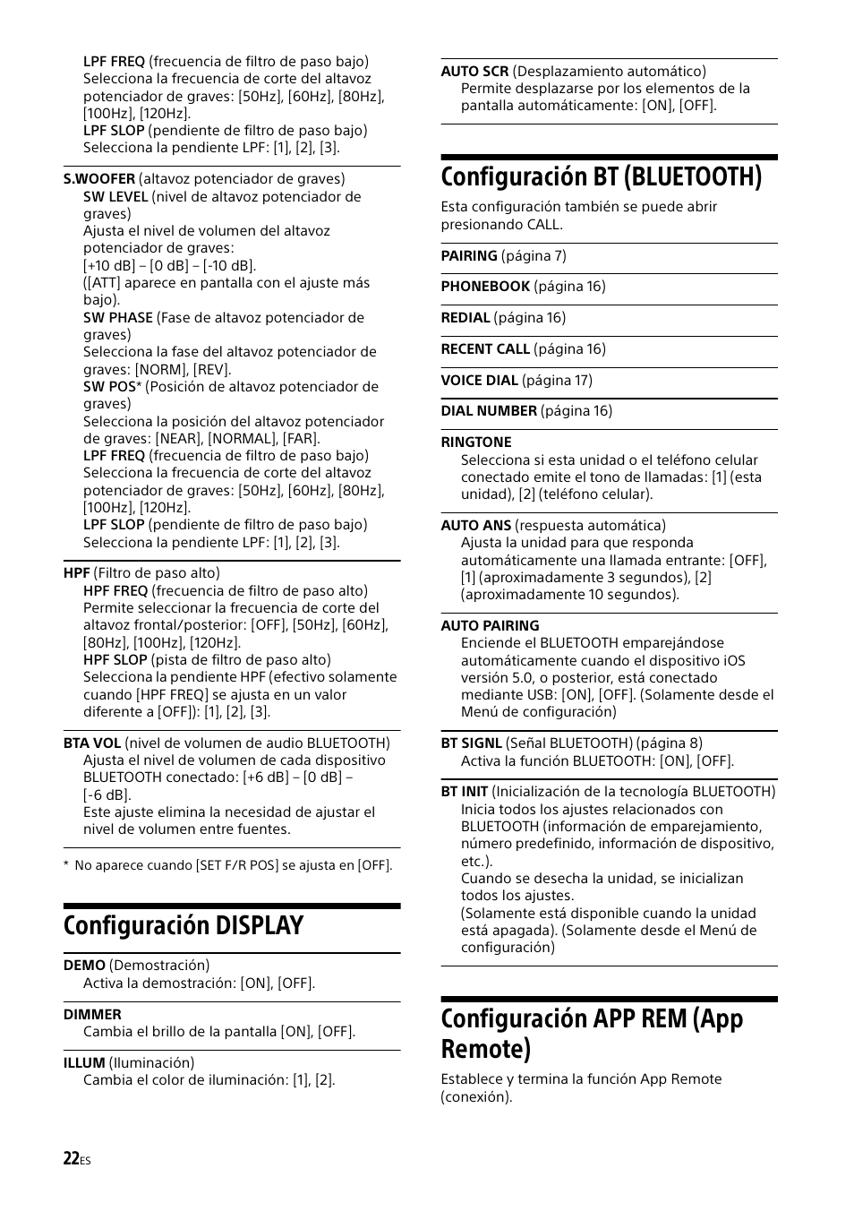 Configuración display, Configuración bt (bluetooth), Configuración app rem (app remote) | Configuración display configuración bt (bluetooth) | Sony XSP-N1BT User Manual | Page 82 / 96