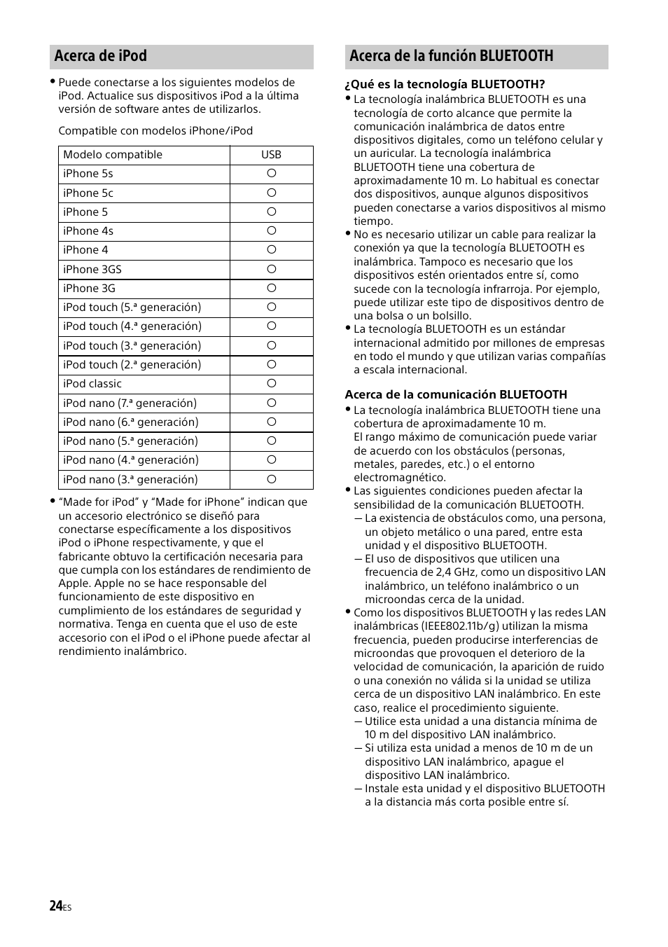 Acerca de ipod, Acerca de la función bluetooth | Sony XSP-N1BT User Manual | Page 84 / 96