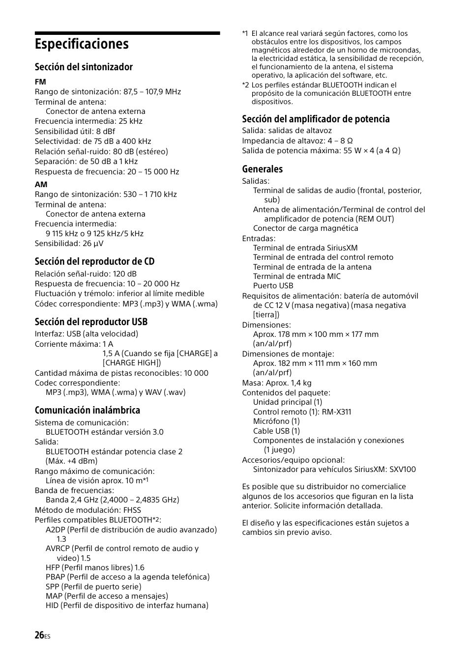 Especificaciones, Sección del sintonizador, Sección del reproductor de cd | Sección del reproductor usb, Comunicación inalámbrica, Sección del amplificador de potencia, Generales | Sony XSP-N1BT User Manual | Page 86 / 96