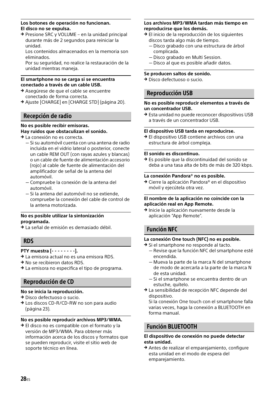 Recepción de radio, Reproducción de cd, Reproducción usb | Función nfc, Función bluetooth | Sony XSP-N1BT User Manual | Page 88 / 96