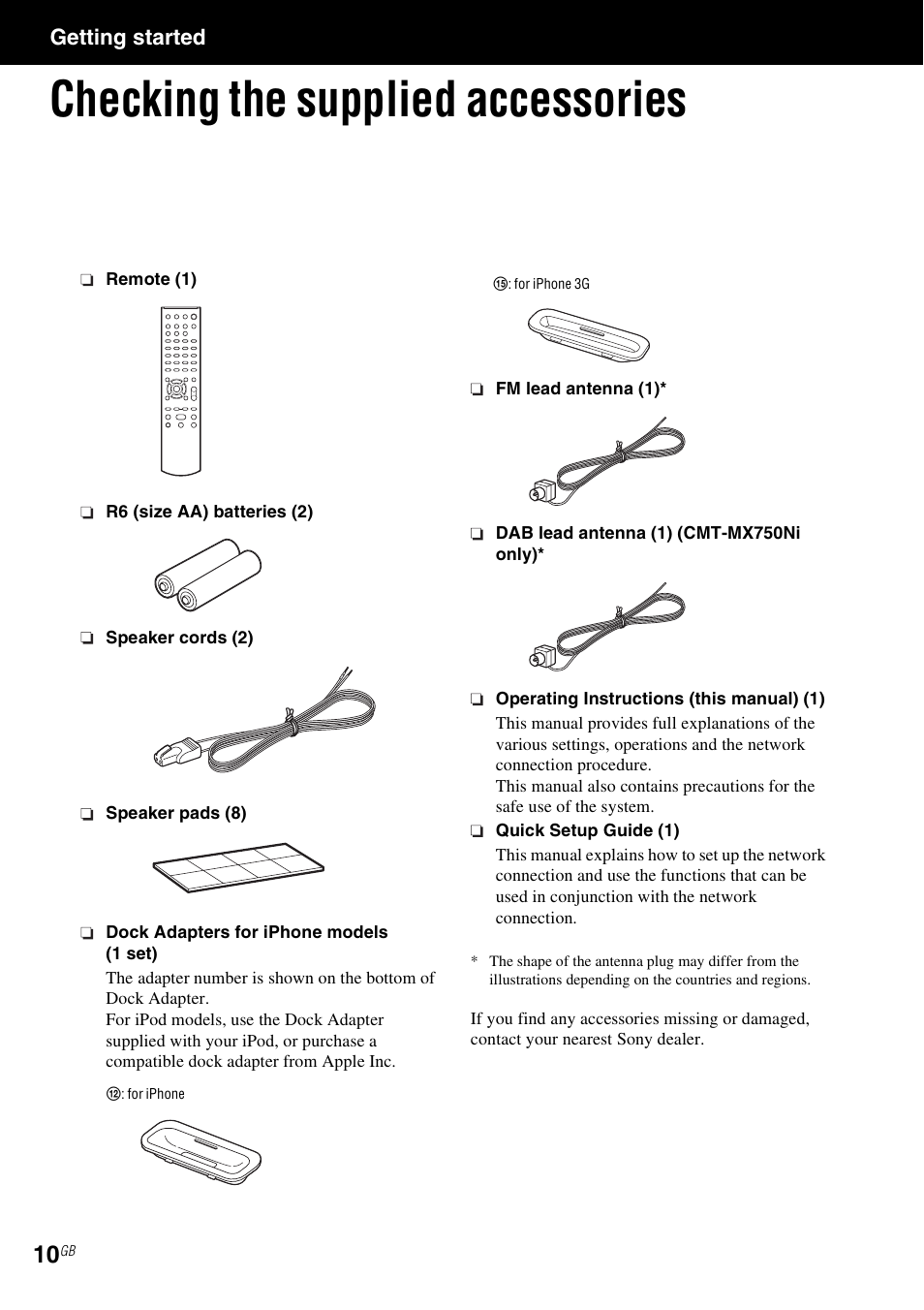 Getting started, Checking the supplied accessories | Sony CMT-MX700Ni User Manual | Page 10 / 80