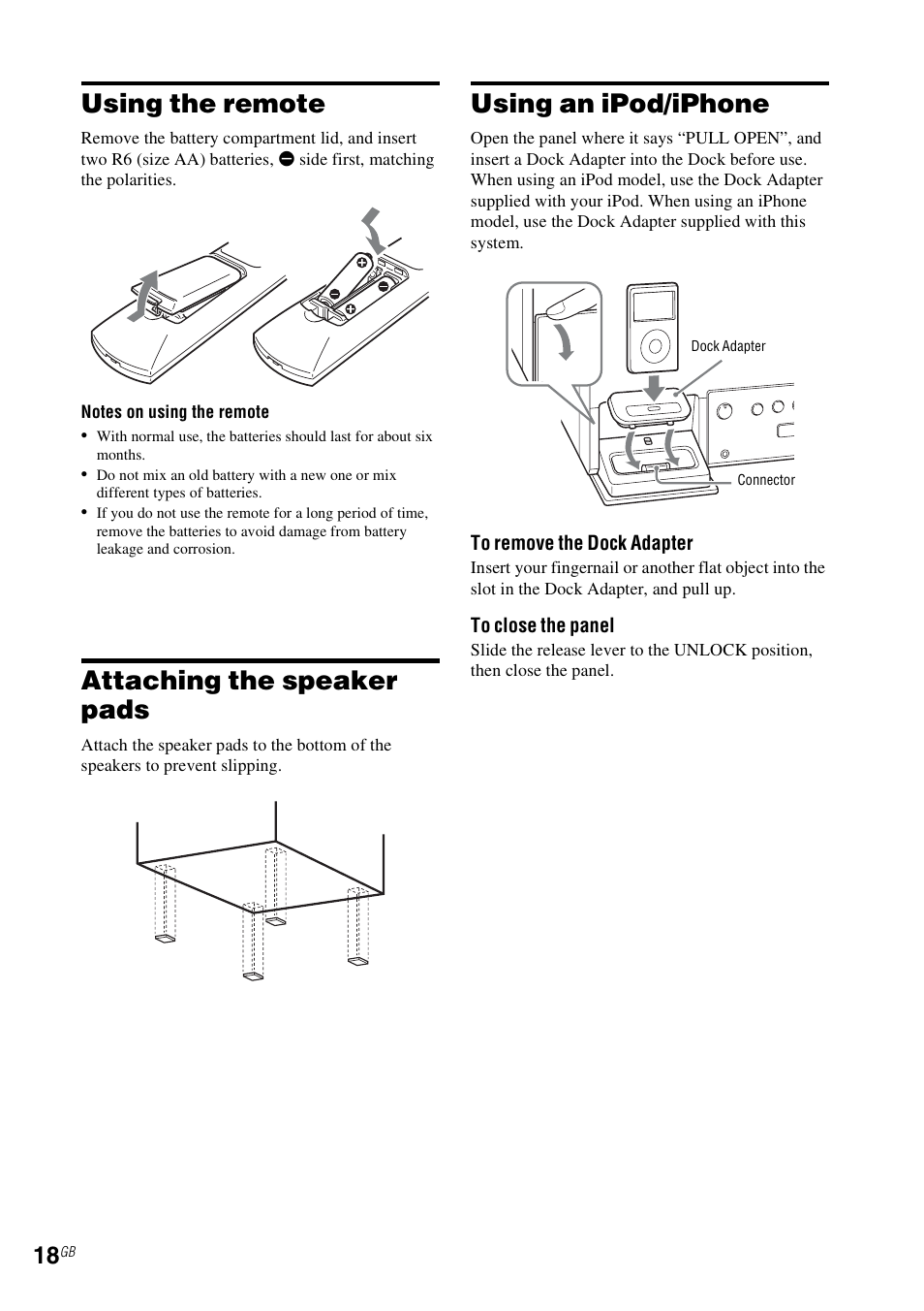 Using the remote, Attaching the speaker pads, Using an ipod/iphone | Sony CMT-MX700Ni User Manual | Page 18 / 80