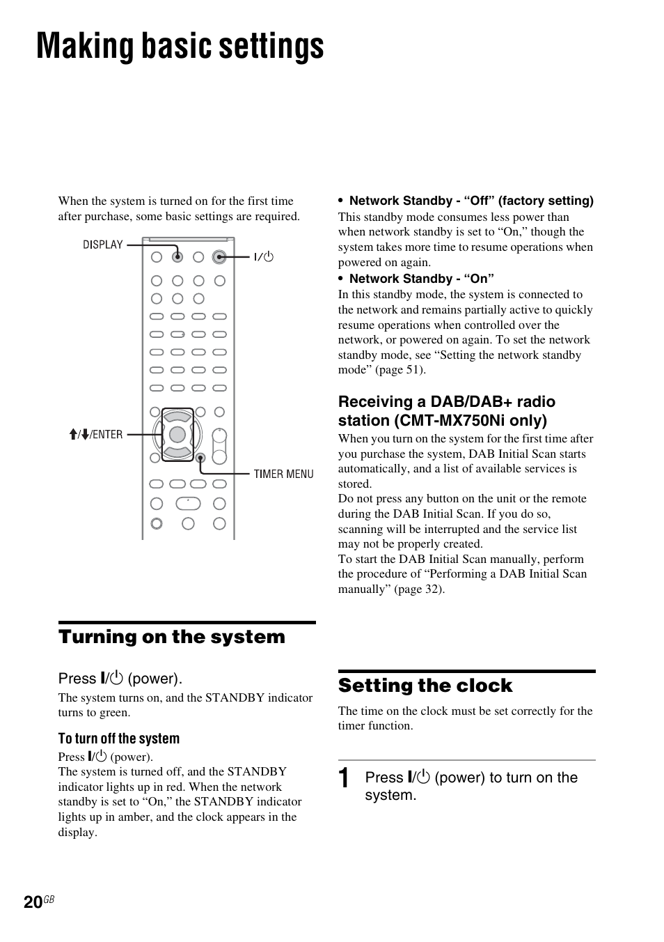 Making basic settings, Turning on the system, Setting the clock | Sony CMT-MX700Ni User Manual | Page 20 / 80