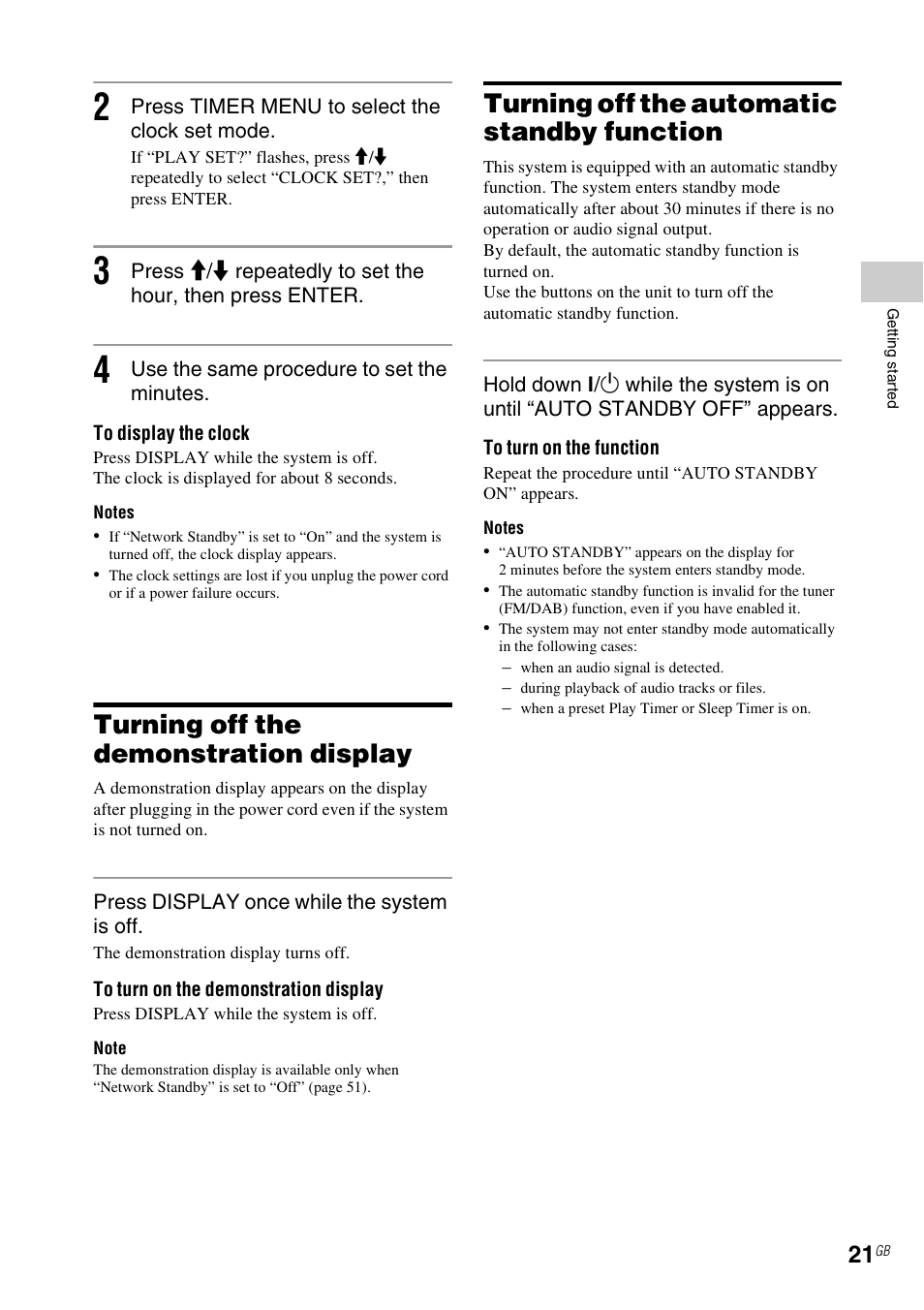 Turning off the demonstration display, Turning off the automatic standby function | Sony CMT-MX700Ni User Manual | Page 21 / 80