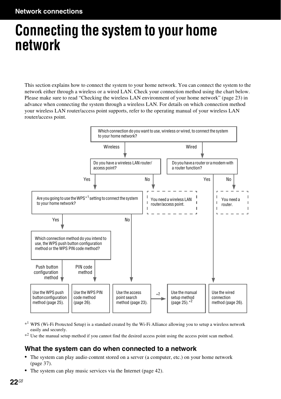 Network connections, Connecting the system to your home network, What the system can do when connected to a network | Sony CMT-MX700Ni User Manual | Page 22 / 80