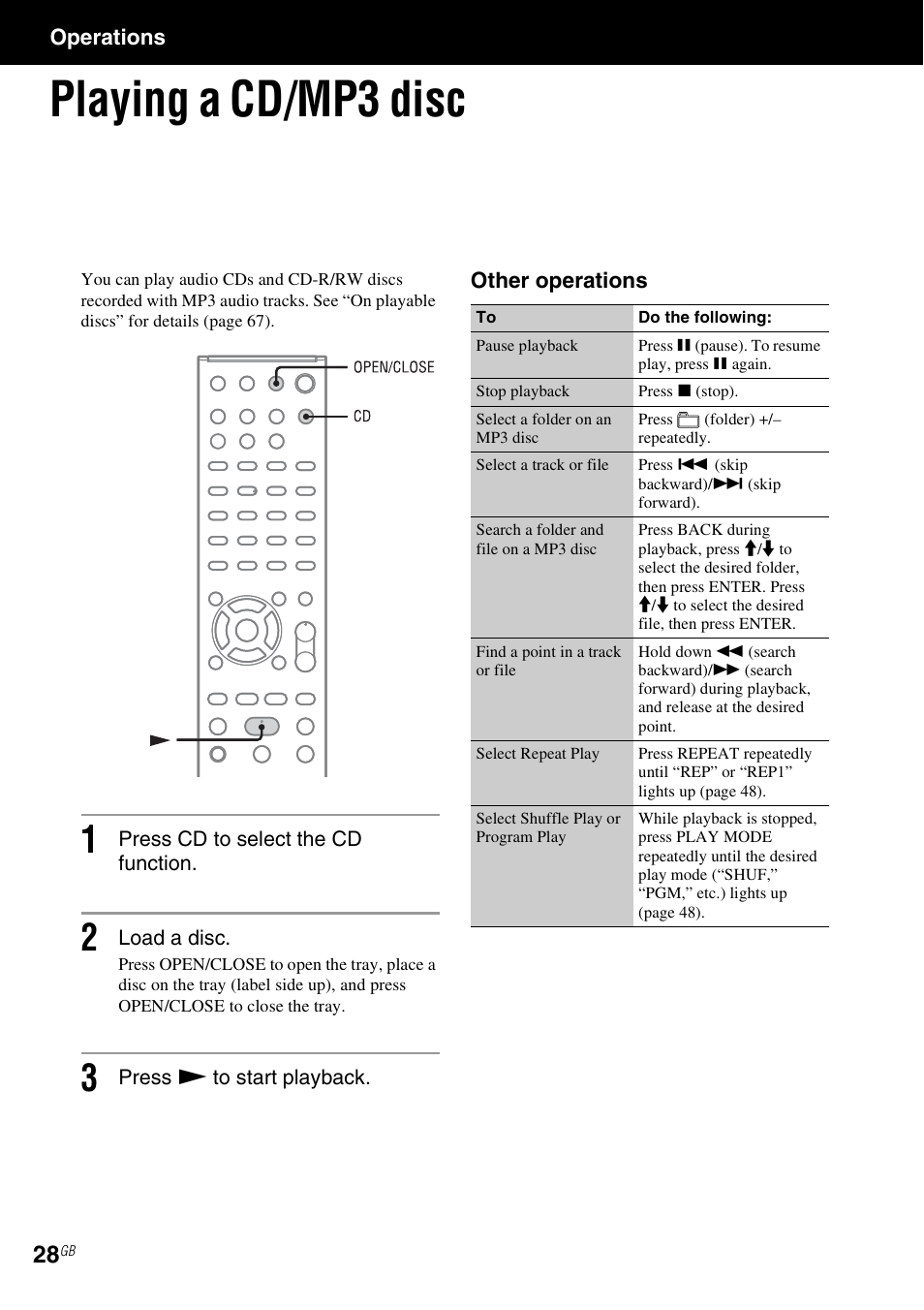 Operations, Playing a cd/mp3 disc, Es 28 | Sony CMT-MX700Ni User Manual | Page 28 / 80