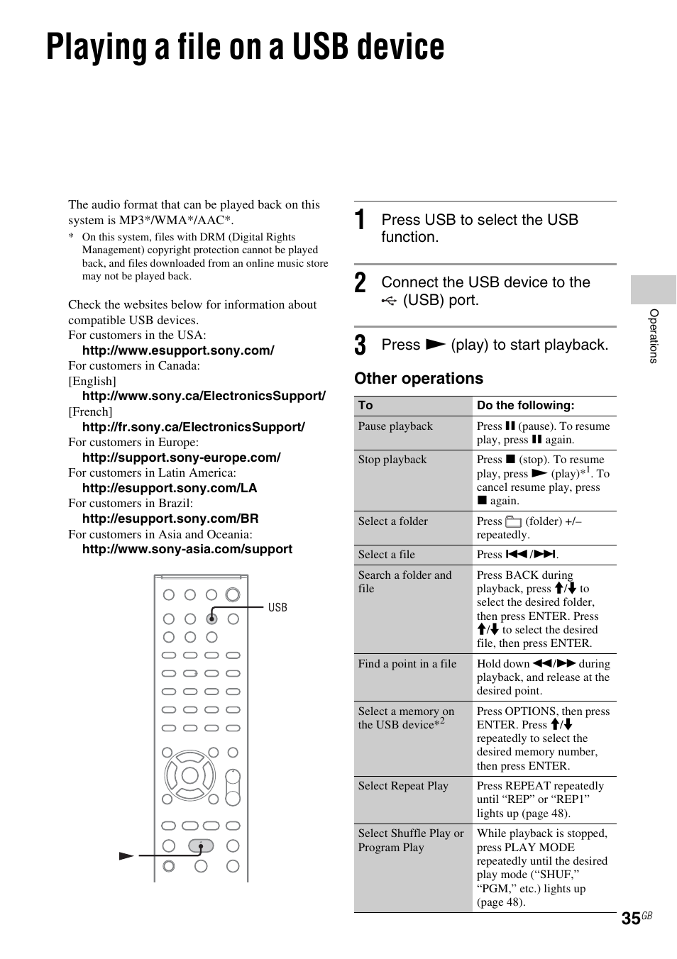 Playing a file on a usb device, Other operations | Sony CMT-MX700Ni User Manual | Page 35 / 80