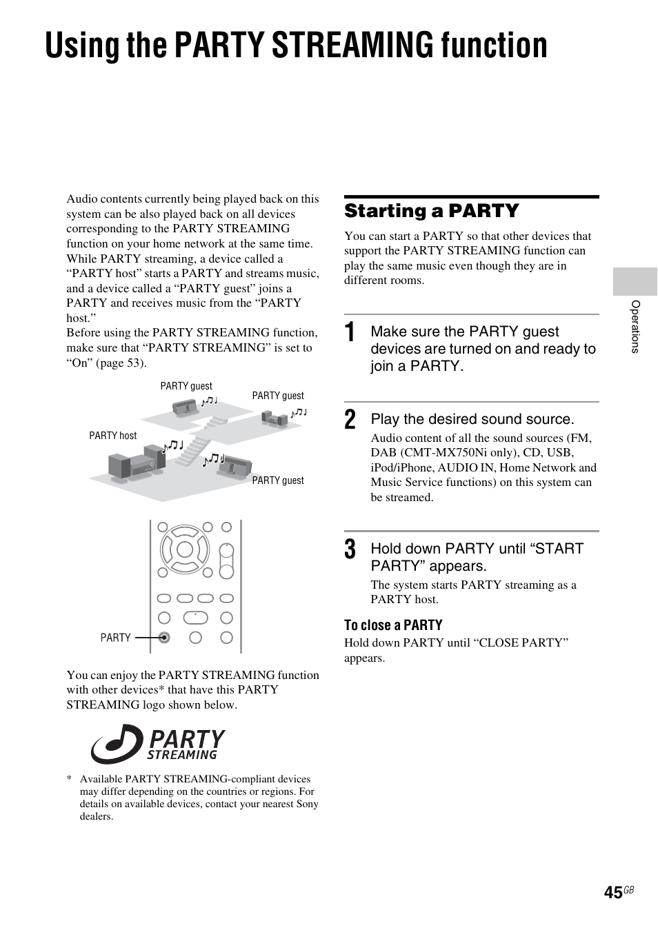 Using the party streaming function, Starting a party, Es 45 | Sony CMT-MX700Ni User Manual | Page 45 / 80
