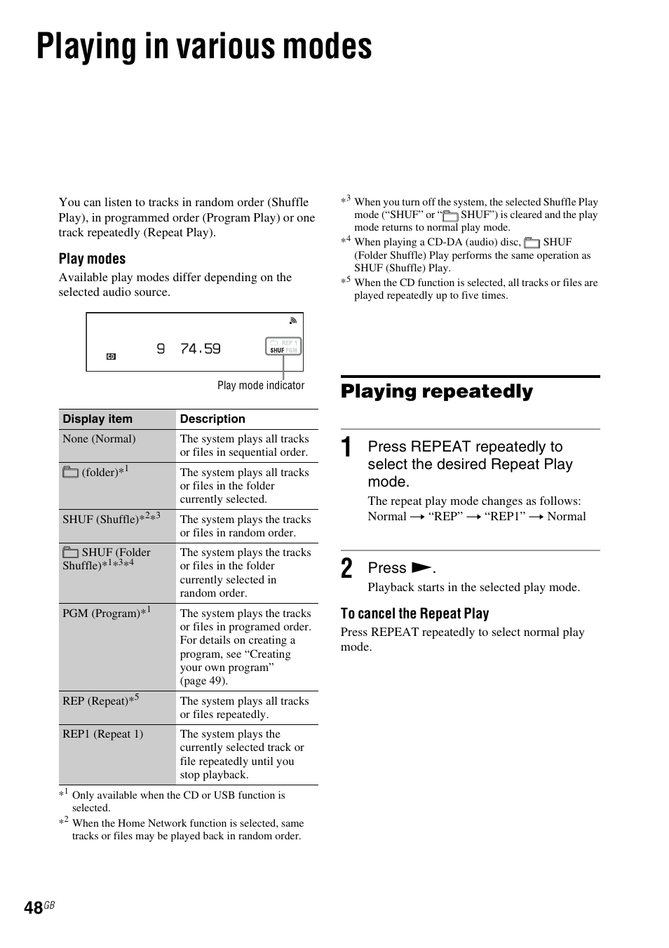 Playing in various modes, Playing repeatedly, Press n | Sony CMT-MX700Ni User Manual | Page 48 / 80