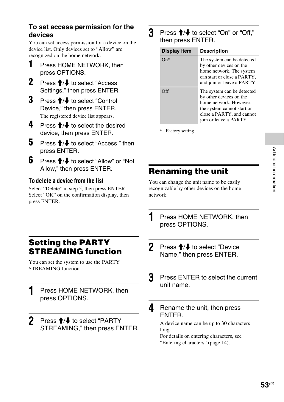 Setting the party streaming function, Renaming the unit | Sony CMT-MX700Ni User Manual | Page 53 / 80