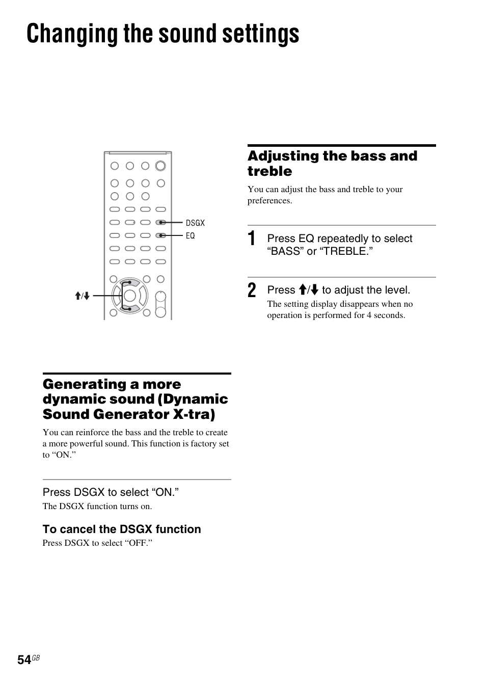 Changing the sound settings, Adjusting the bass and treble | Sony CMT-MX700Ni User Manual | Page 54 / 80