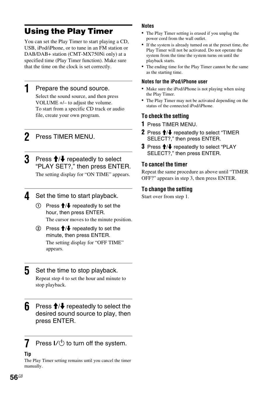 Using the play timer | Sony CMT-MX700Ni User Manual | Page 56 / 80