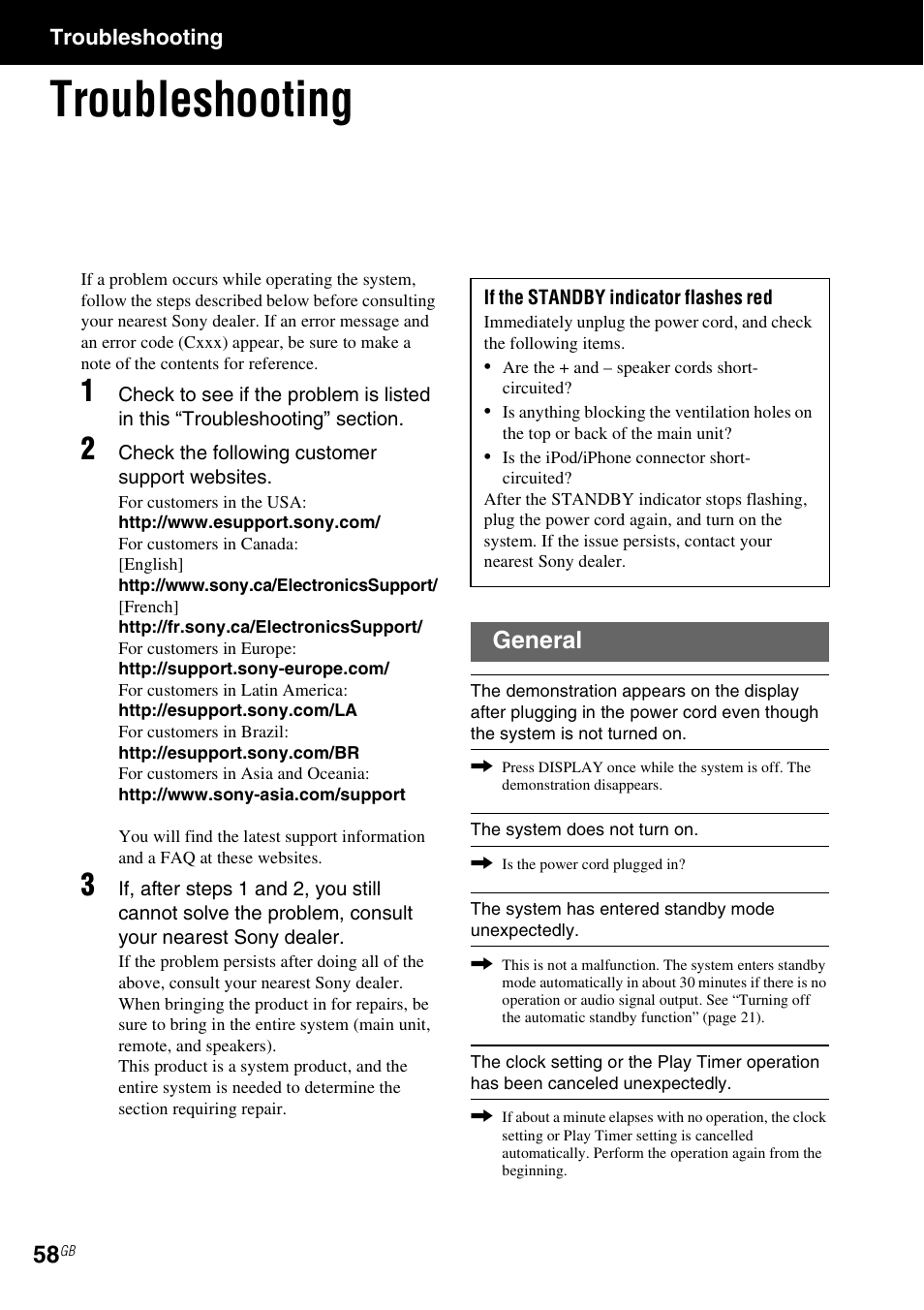 Troubleshooting, General | Sony CMT-MX700Ni User Manual | Page 58 / 80