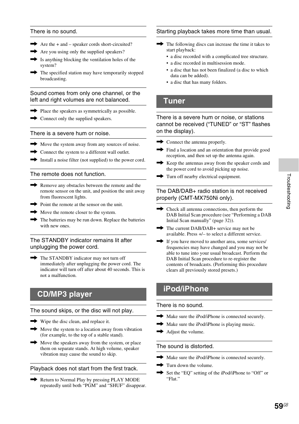 Cd/mp3 player, Tuner, Ipod/iphone | Sony CMT-MX700Ni User Manual | Page 59 / 80