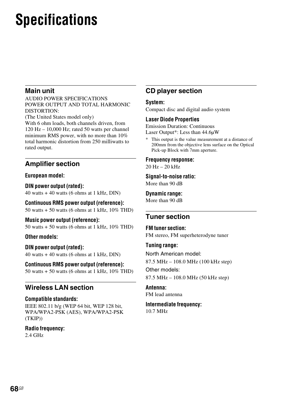 Specifications | Sony CMT-MX700Ni User Manual | Page 68 / 80