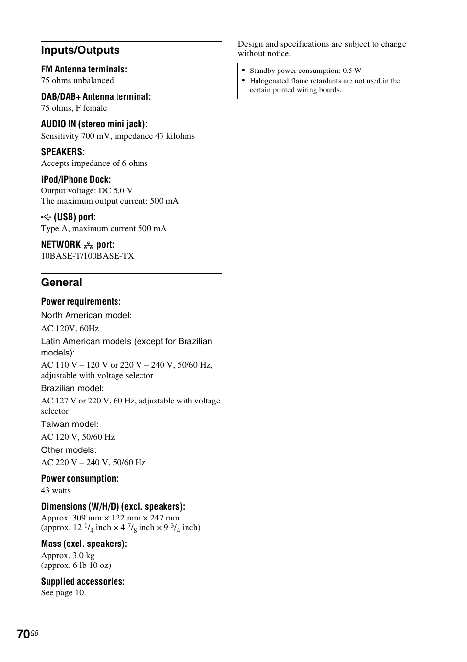 Inputs/outputs, General | Sony CMT-MX700Ni User Manual | Page 70 / 80