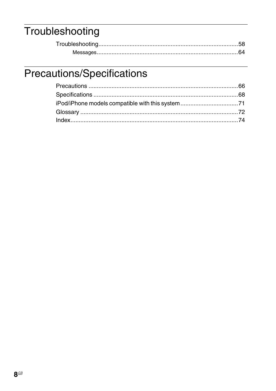 Troubleshooting, Precautions/specifications | Sony CMT-MX700Ni User Manual | Page 8 / 80