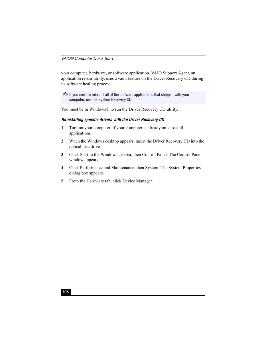 5 from the hardware tab, click device manager | Sony PCG-SRX77 User Manual | Page 108 / 149