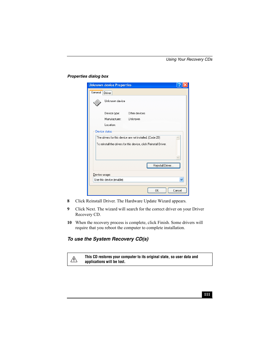 Properties dialog box, To use the system recovery cd(s) | Sony PCG-SRX77 User Manual | Page 111 / 149