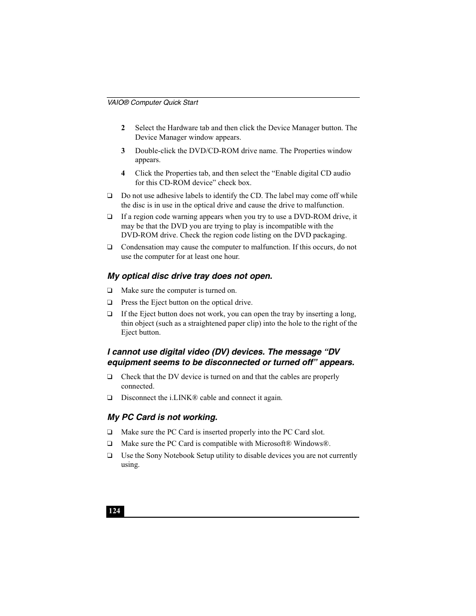 My optical disc drive tray does not open, My pc card is not working, 124 my pc card is not working | Sony PCG-SRX77 User Manual | Page 124 / 149