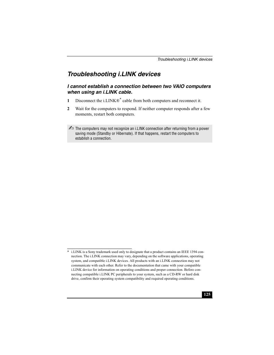 Troubleshooting i.link devices | Sony PCG-SRX77 User Manual | Page 125 / 149