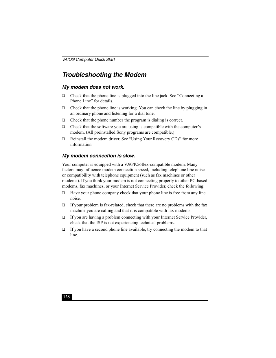 Troubleshooting the modem, My modem does not work, My modem connection is slow | My modem does not work my modem connection is slow | Sony PCG-SRX77 User Manual | Page 128 / 149