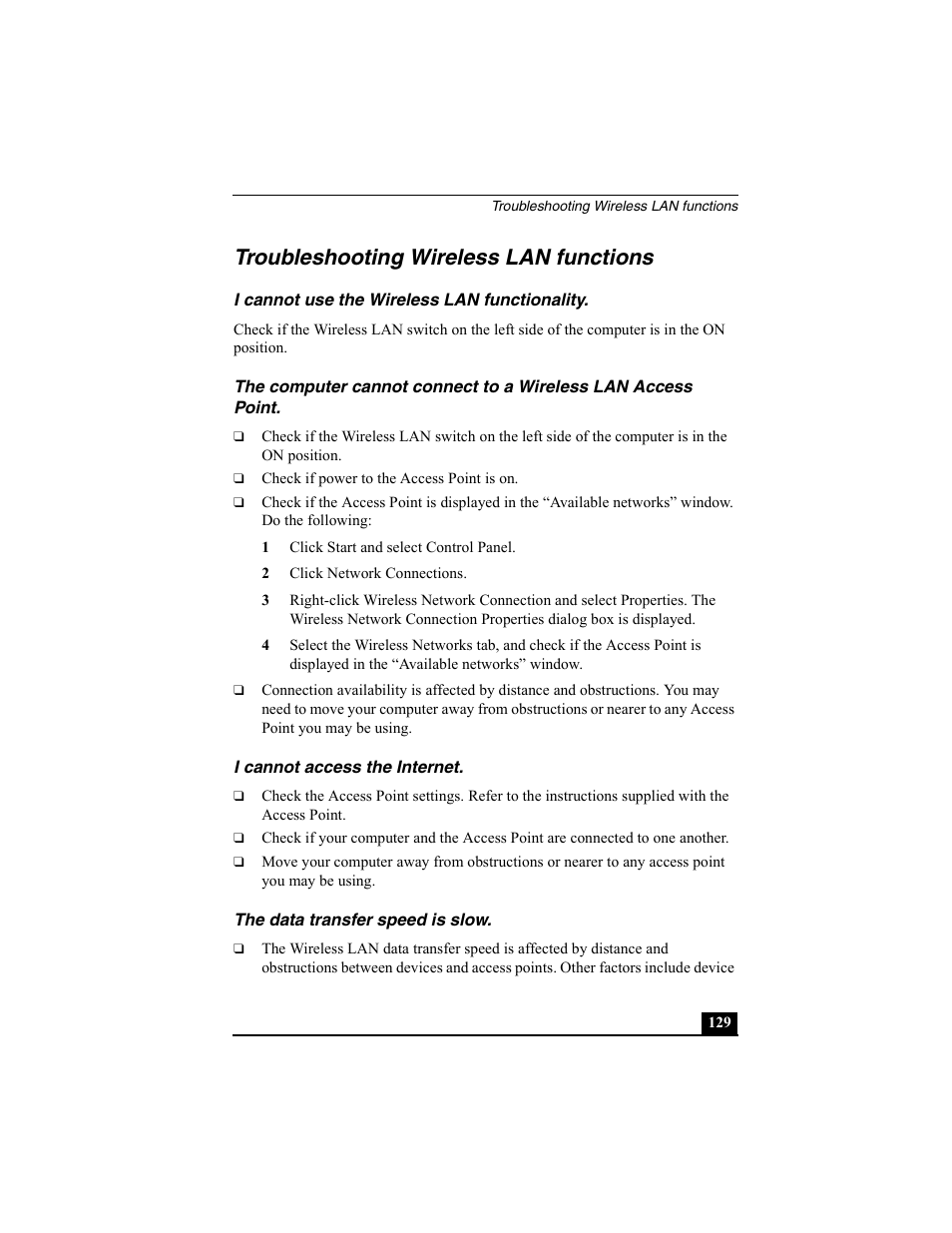 Troubleshooting wireless lan functions, I cannot use the wireless lan functionality, 1 click start and select control panel | 2 click network connections, I cannot access the internet, The data transfer speed is slow | Sony PCG-SRX77 User Manual | Page 129 / 149