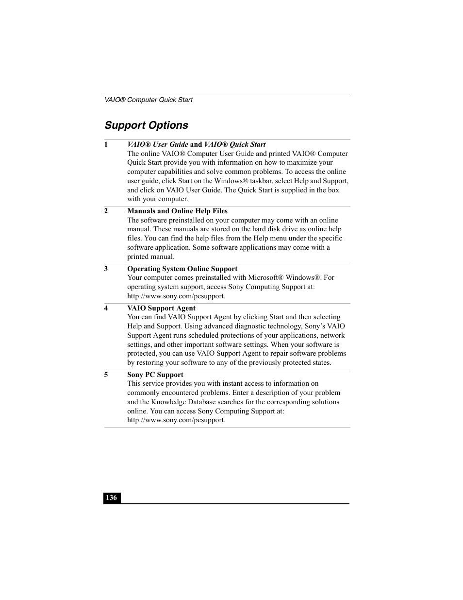 Support options | Sony PCG-SRX77 User Manual | Page 136 / 149