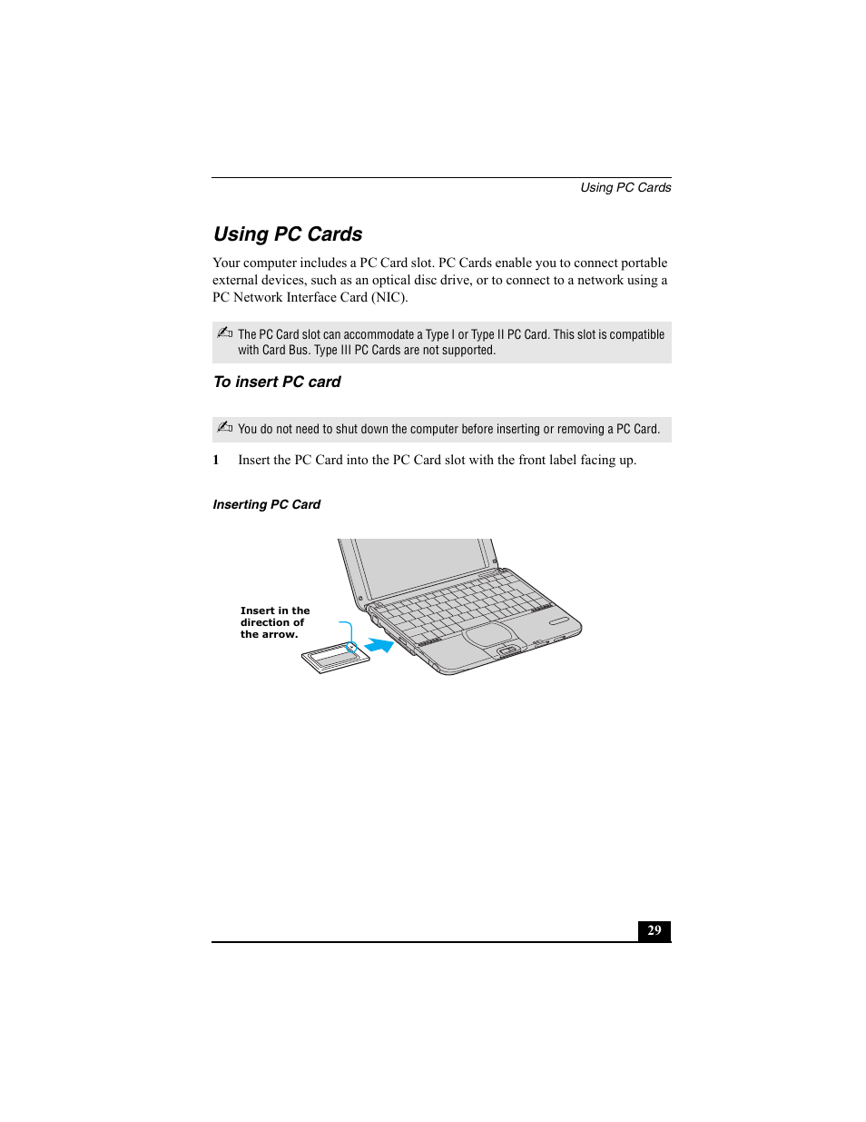 Using pc cards, To insert pc card, Inserting pc card | Sony PCG-SRX77 User Manual | Page 29 / 149