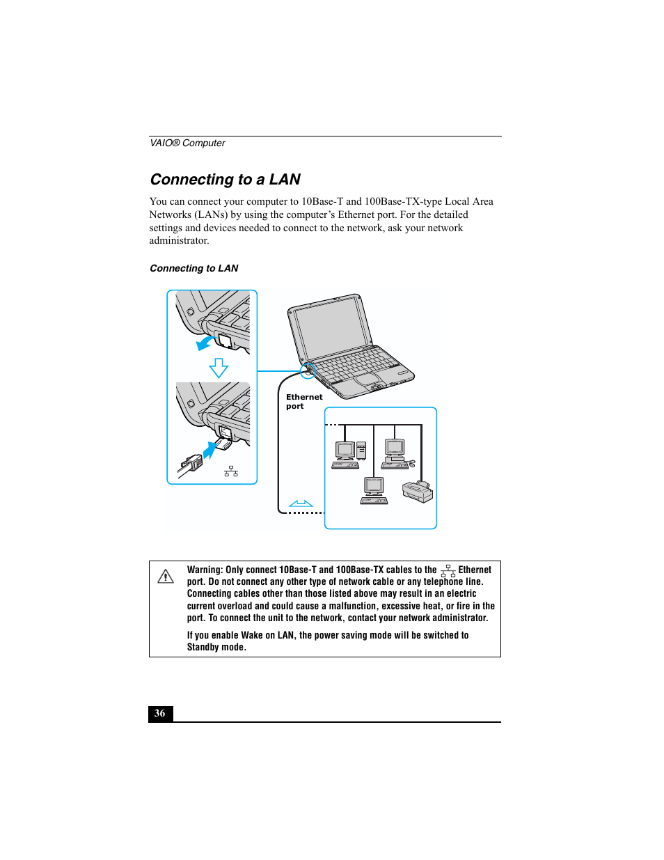 Connecting to a lan, Connecting to lan | Sony PCG-SRX77 User Manual | Page 36 / 149