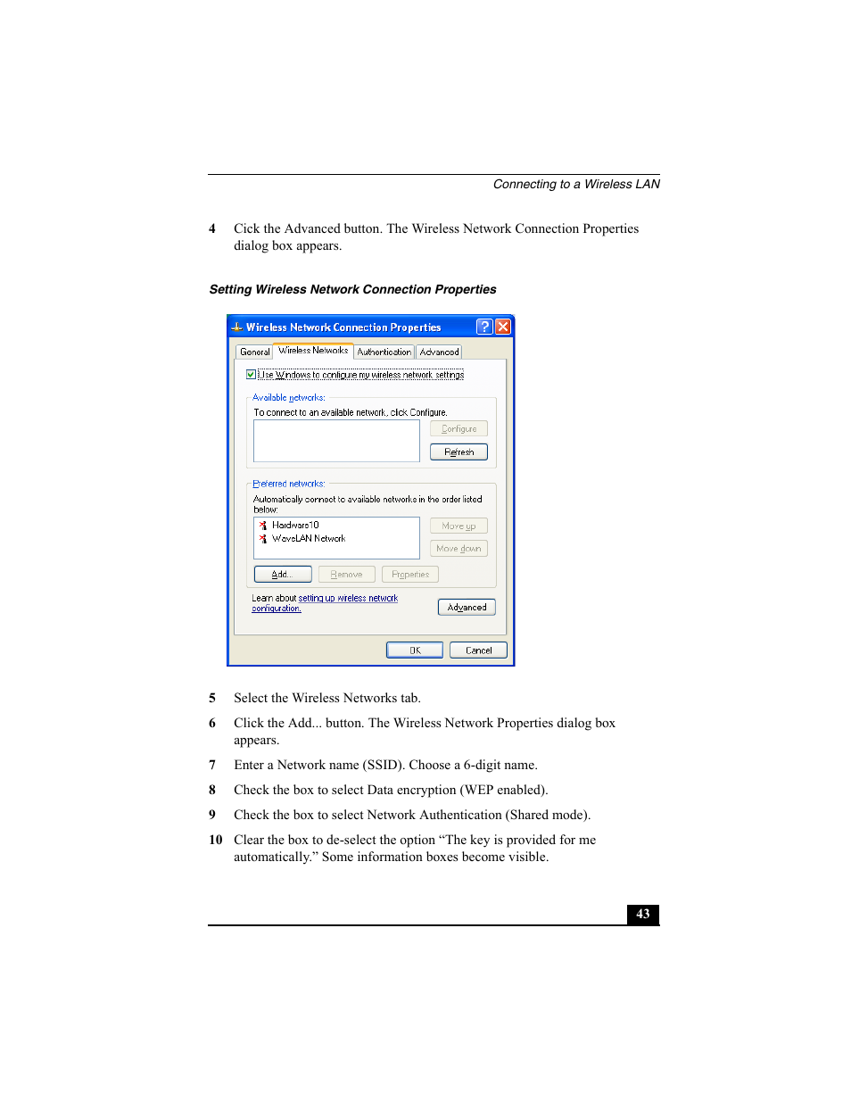 Setting wireless network connection properties, 5 select the wireless networks tab | Sony PCG-SRX77 User Manual | Page 43 / 149