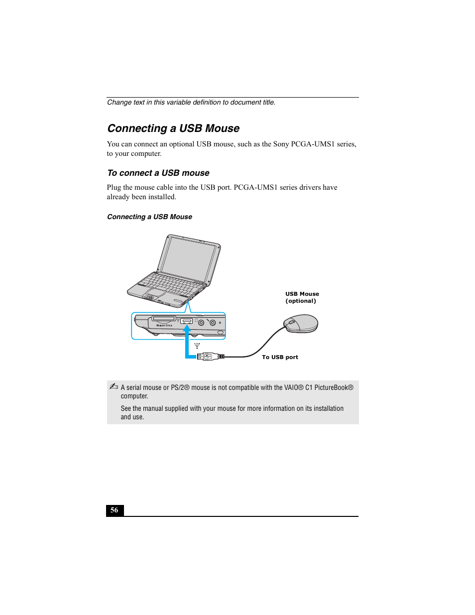 Connecting a usb mouse, To connect a usb mouse | Sony PCG-SRX77 User Manual | Page 56 / 149