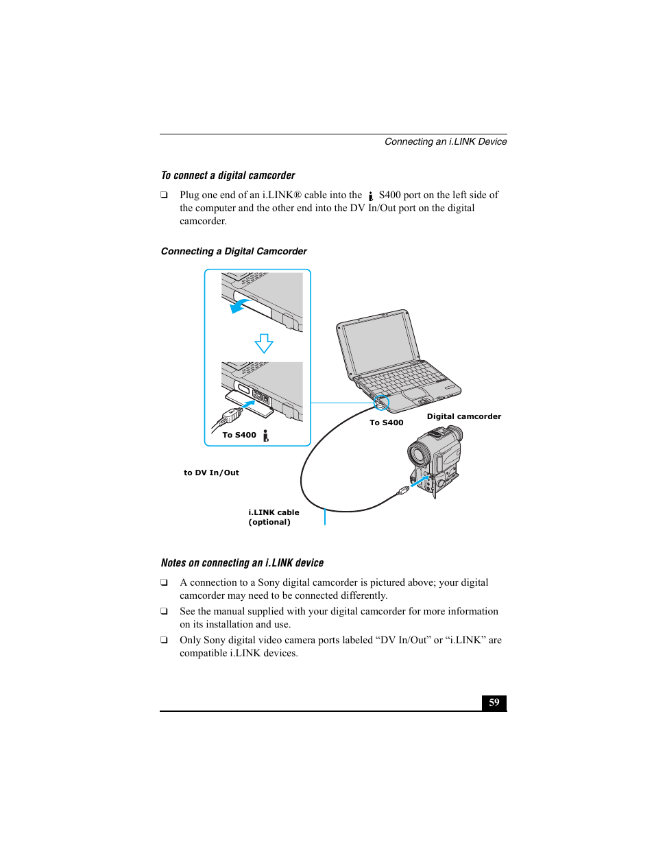 To connect a digital camcorder, Connecting a digital camcorder, Notes on connecting an i.link device | Sony PCG-SRX77 User Manual | Page 59 / 149