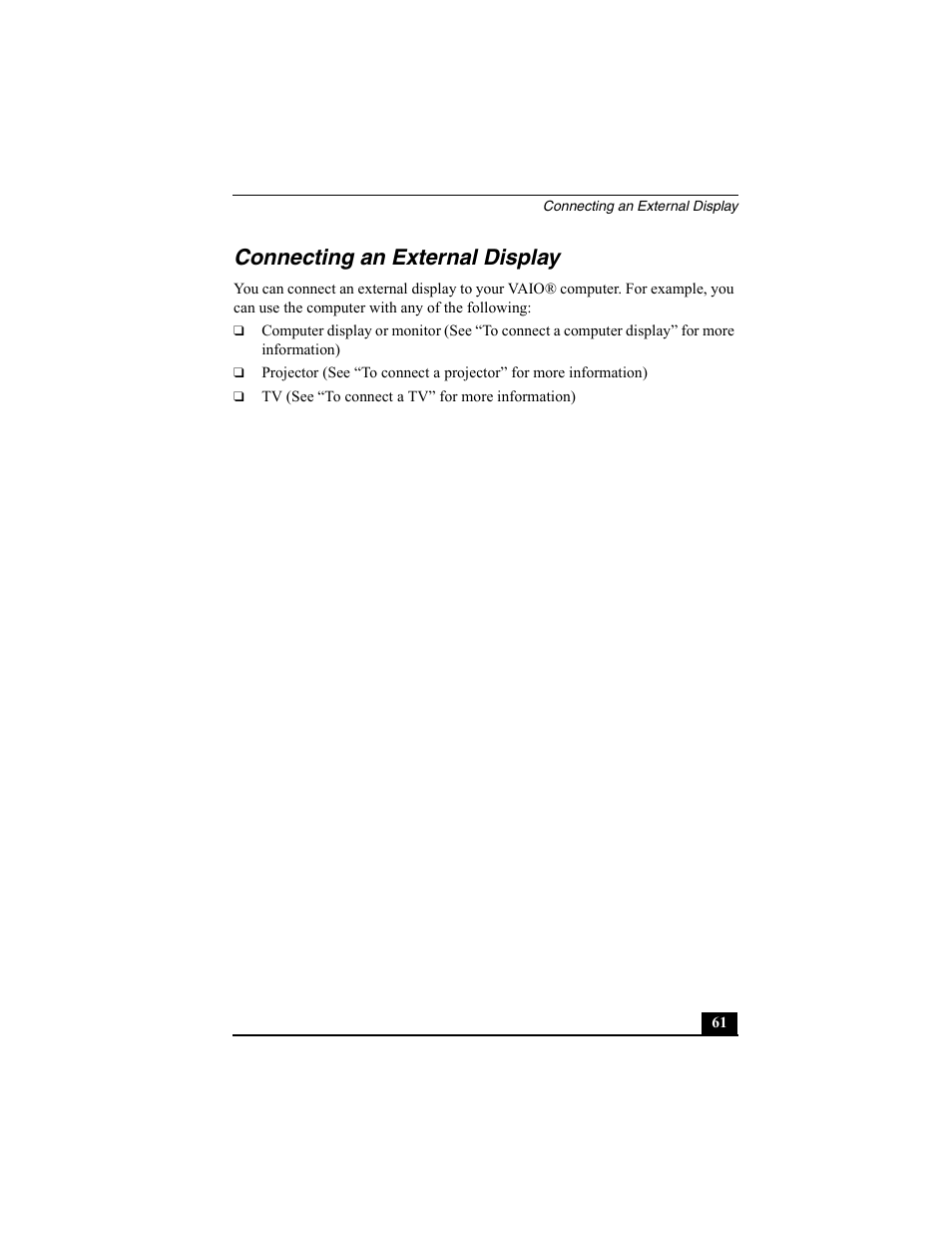 Connecting an external display | Sony PCG-SRX77 User Manual | Page 61 / 149