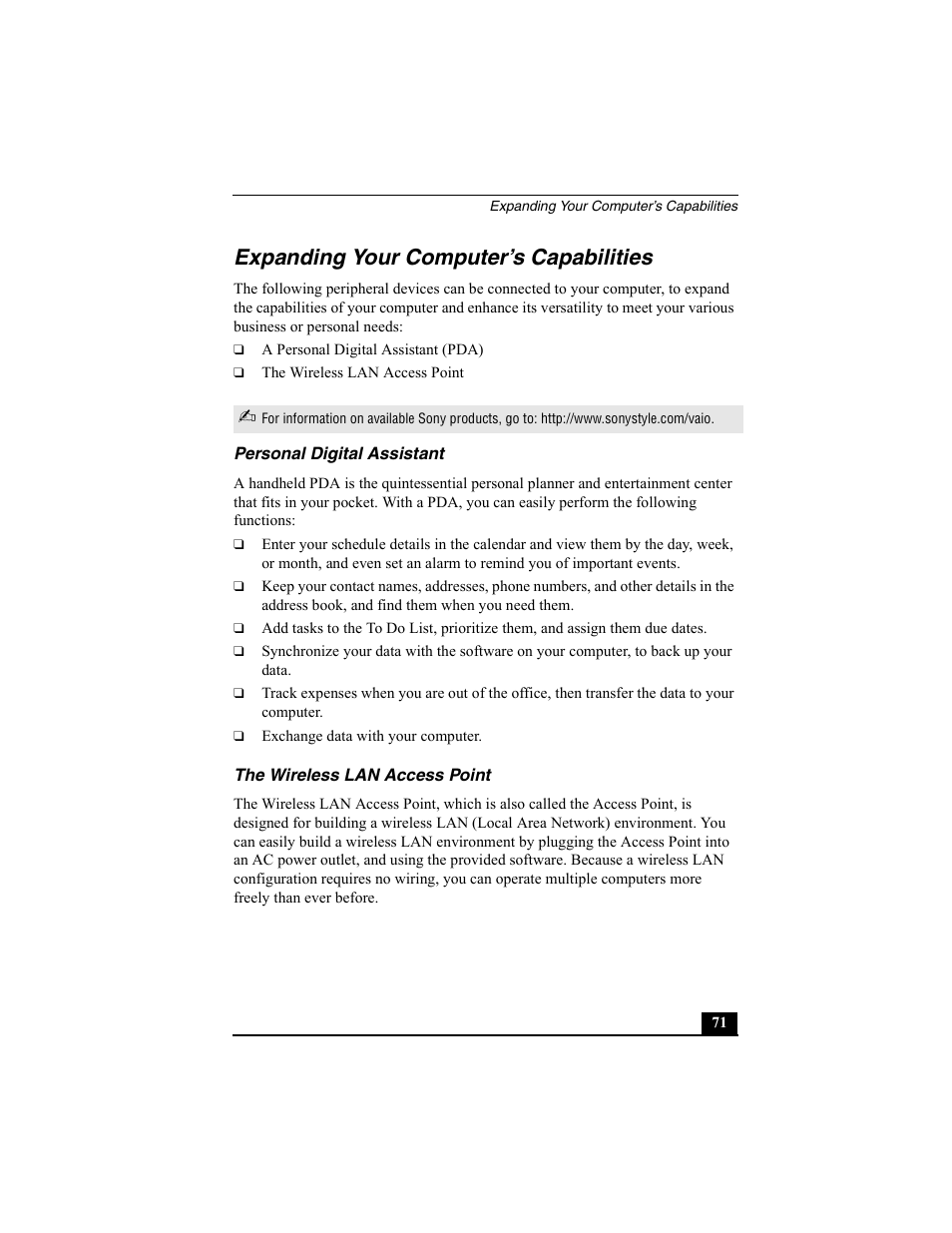 Expanding your computer’s capabilities, Personal digital assistant, The wireless lan access point | Sony PCG-SRX77 User Manual | Page 71 / 149