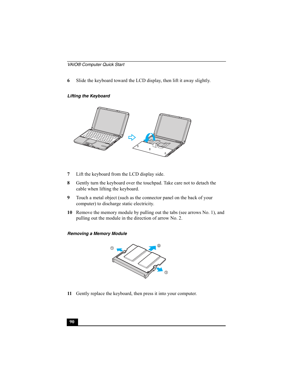 Lifting the keyboard, 7 lift the keyboard from the lcd display side, Removing a memory module | Sony PCG-SRX77 User Manual | Page 90 / 149