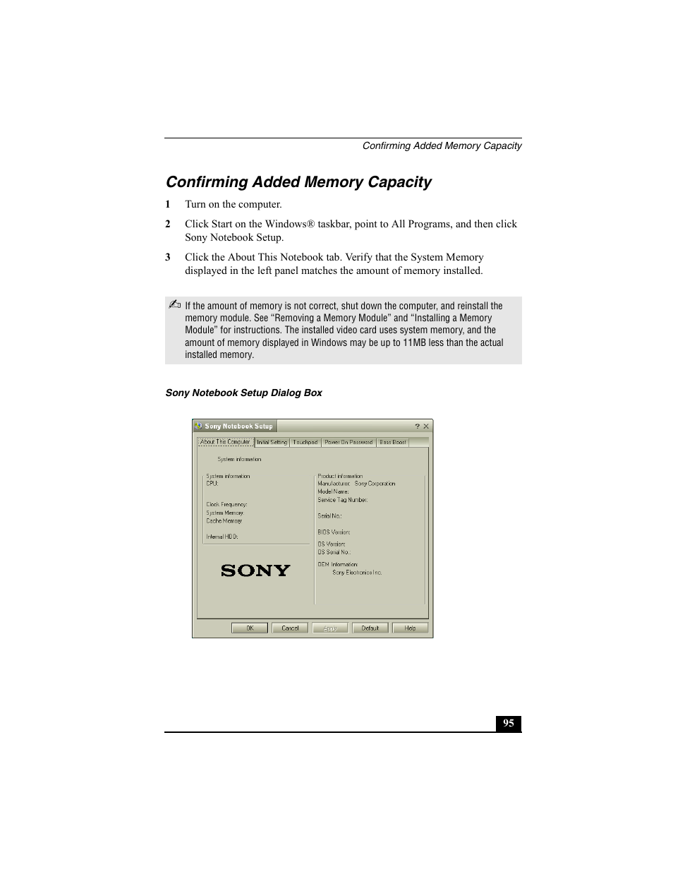 Confirming added memory capacity, 1 turn on the computer, Sony notebook setup dialog box | Sony PCG-SRX77 User Manual | Page 95 / 149