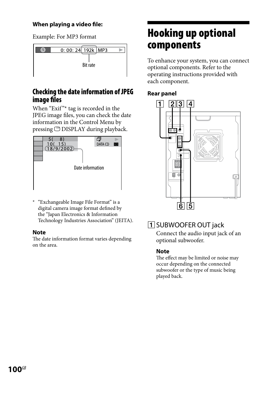 Hooking up optional components, Hooking up optional, Components | Checking the date information of jpeg image files | Sony LBT-LCD77Di User Manual | Page 100 / 143