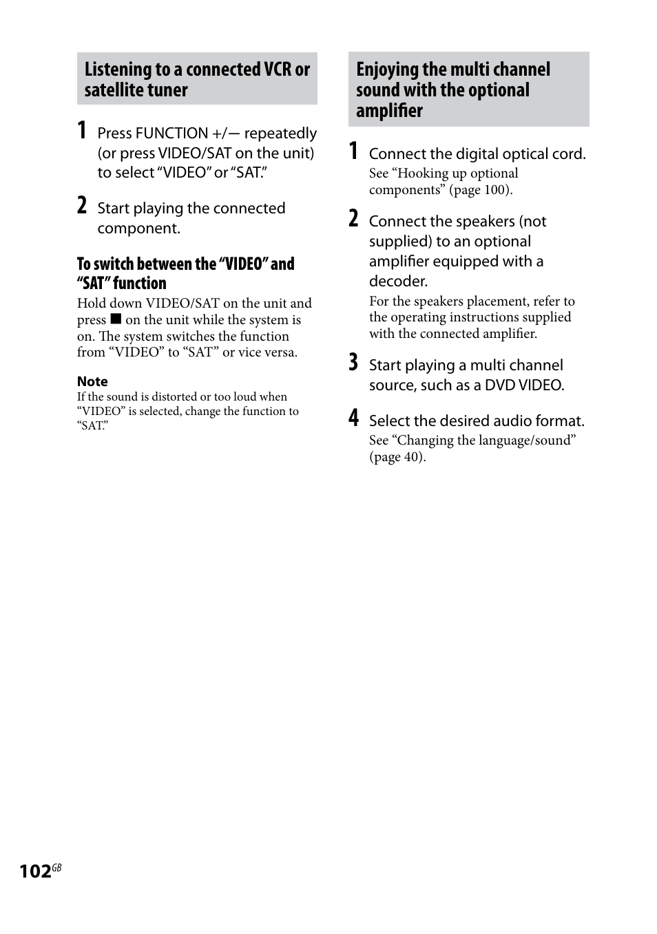 Listening to a connected vcr or satellite tuner | Sony LBT-LCD77Di User Manual | Page 102 / 143