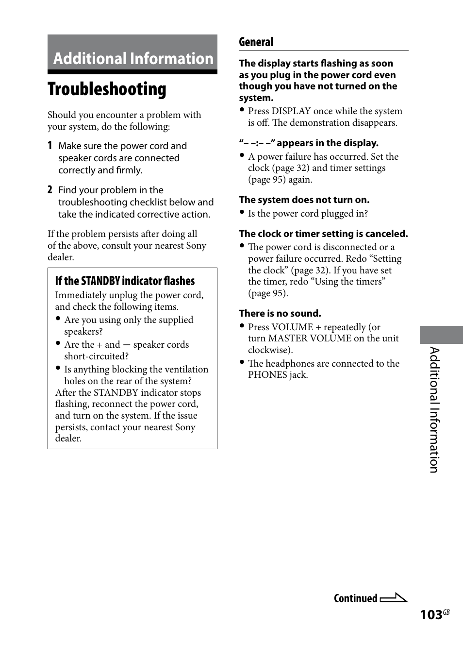 Additional information, Troubleshooting, Additional i nf or ma tion | If the standby indicator flashes, General | Sony LBT-LCD77Di User Manual | Page 103 / 143