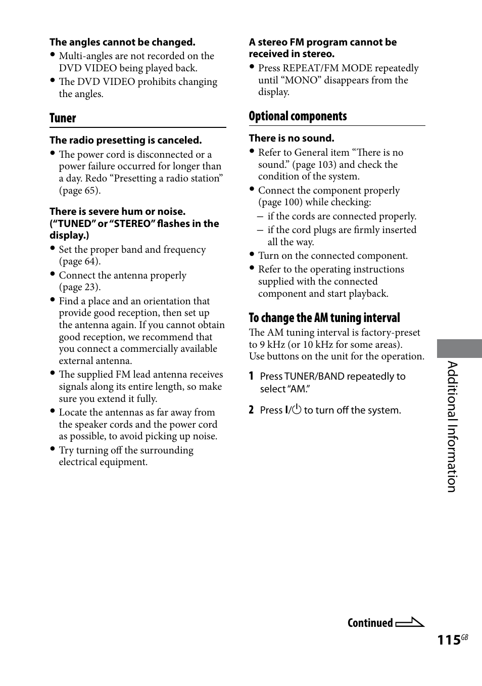 Additional i nf or ma tion, Tuner, Optional components | Sony LBT-LCD77Di User Manual | Page 115 / 143