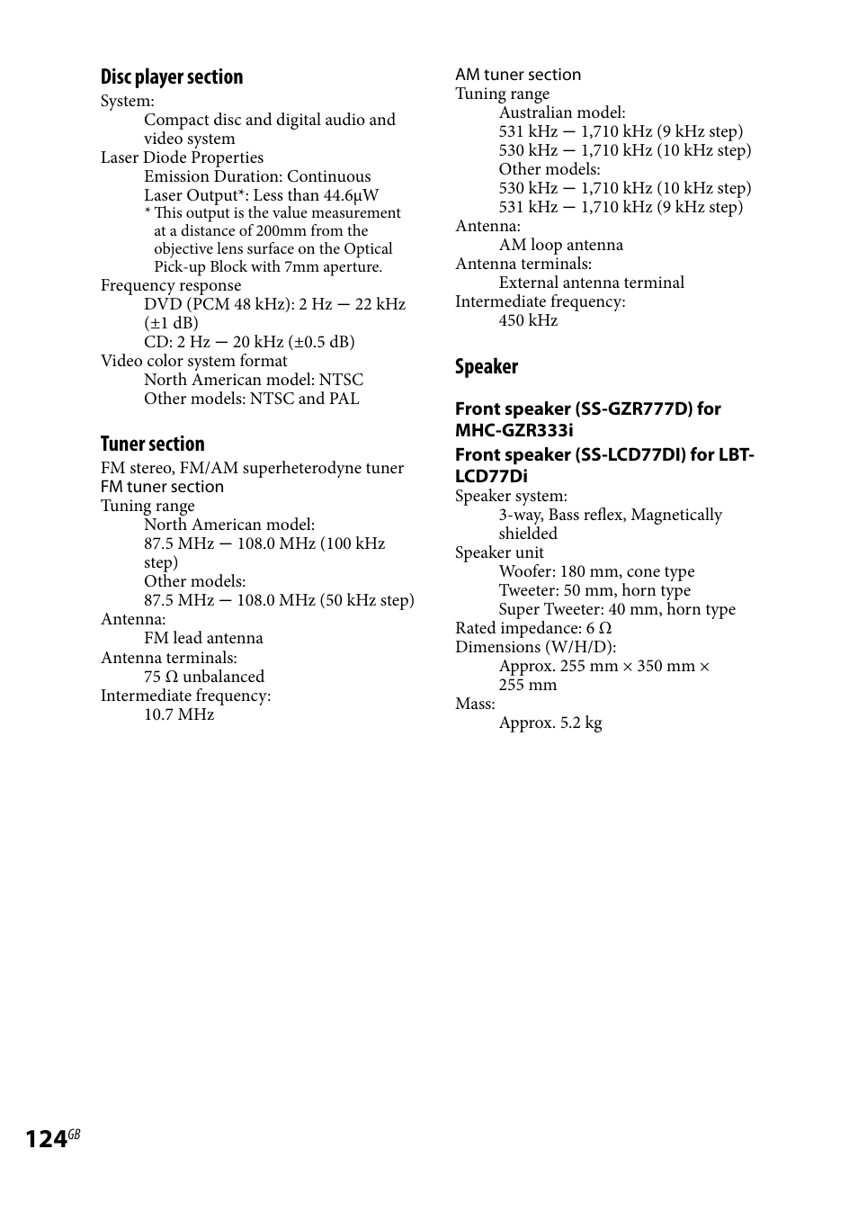 Speaker | Sony LBT-LCD77Di User Manual | Page 124 / 143