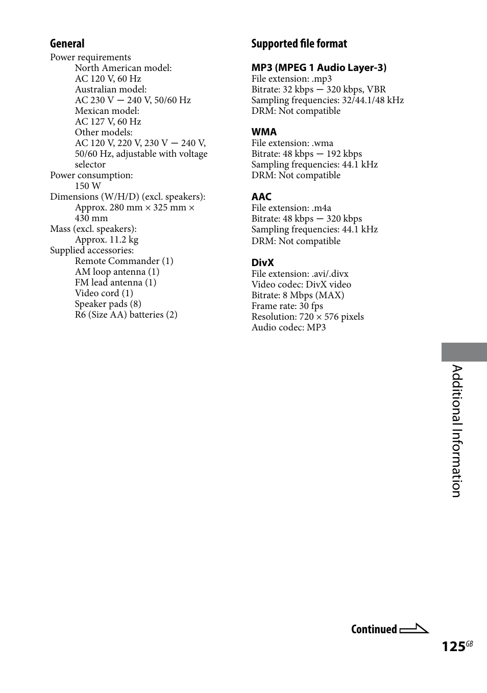 Additional i nf or ma tion, General, Supported file format | Continued | Sony LBT-LCD77Di User Manual | Page 125 / 143