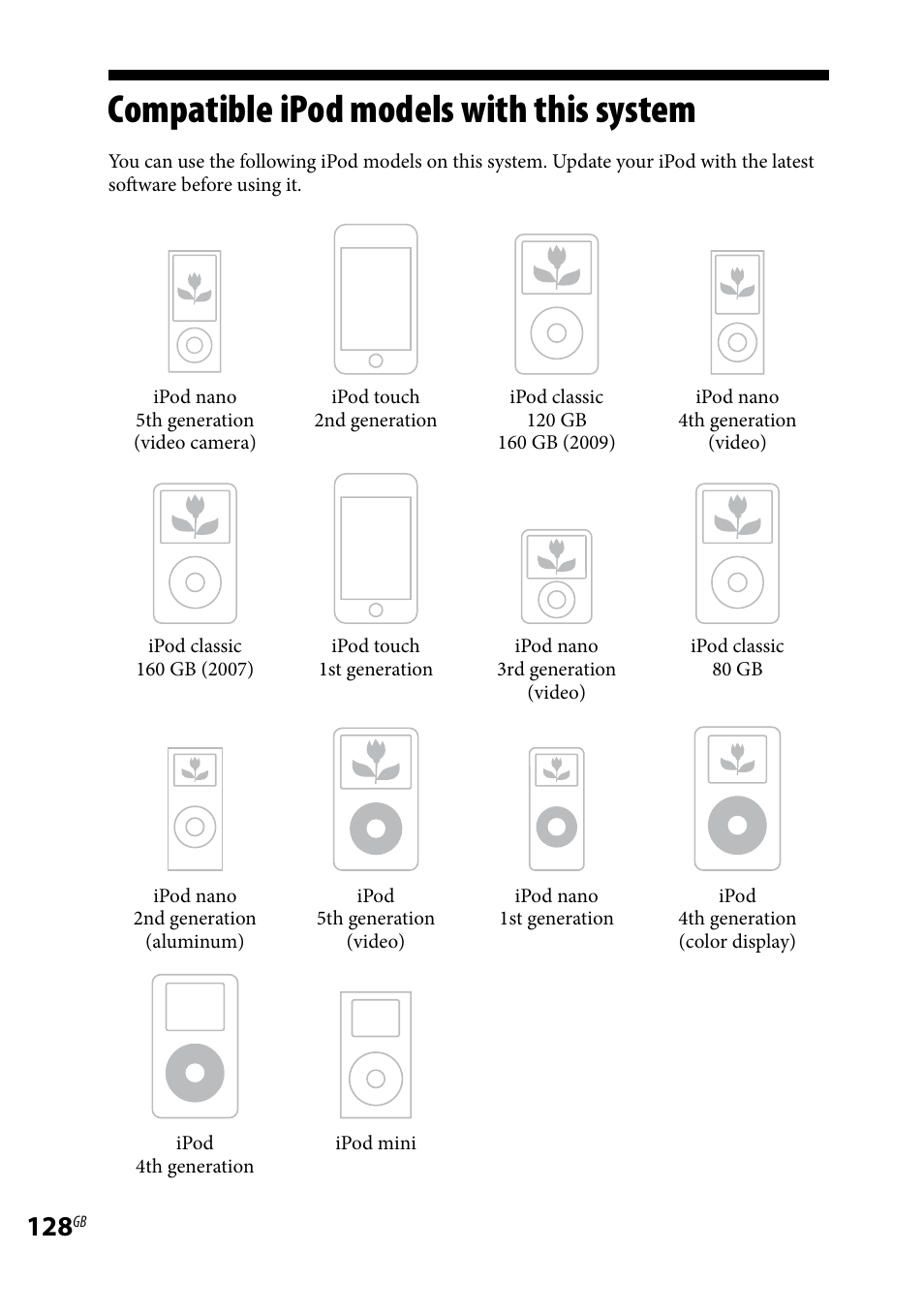 Compatible ipod models with this system, Compatible ipod models with this, System | Sony LBT-LCD77Di User Manual | Page 128 / 143