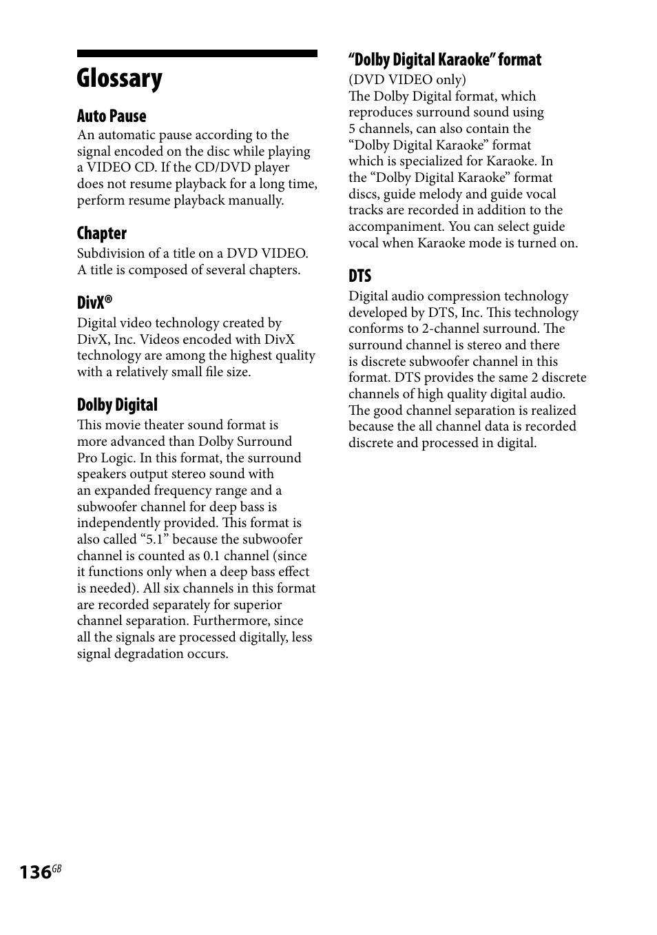 Glossary, Auto pause, Chapter | Divx, Dolby digital, Dolby digital karaoke” format | Sony LBT-LCD77Di User Manual | Page 136 / 143