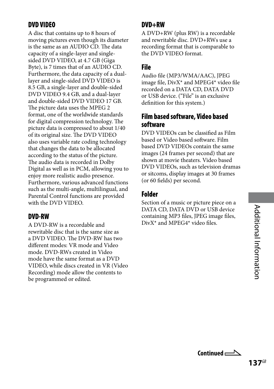Additional i nf or ma tion dvd+rw, File, Film based software, video based software | Folder, Dvd video, Dvd-rw | Sony LBT-LCD77Di User Manual | Page 137 / 143