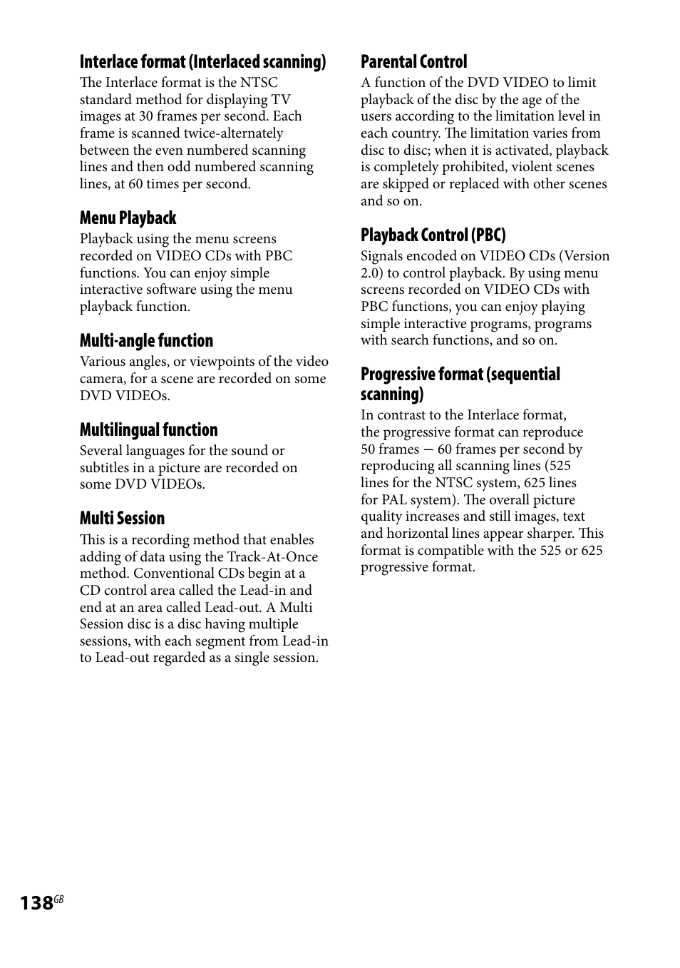 Interlace format (interlaced scanning), Menu playback, Multi-angle function | Multilingual function, Multi session, Parental control, Playback control (pbc), Progressive format (sequential scanning) | Sony LBT-LCD77Di User Manual | Page 138 / 143