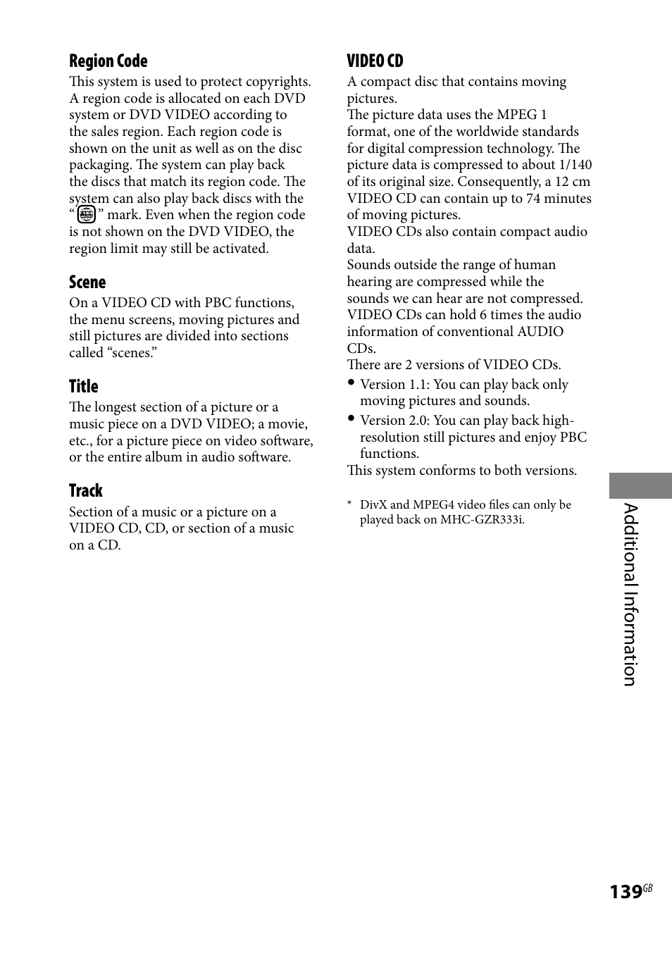 Additional i nf or ma tion region code, Scene, Title | Track, Video cd | Sony LBT-LCD77Di User Manual | Page 139 / 143