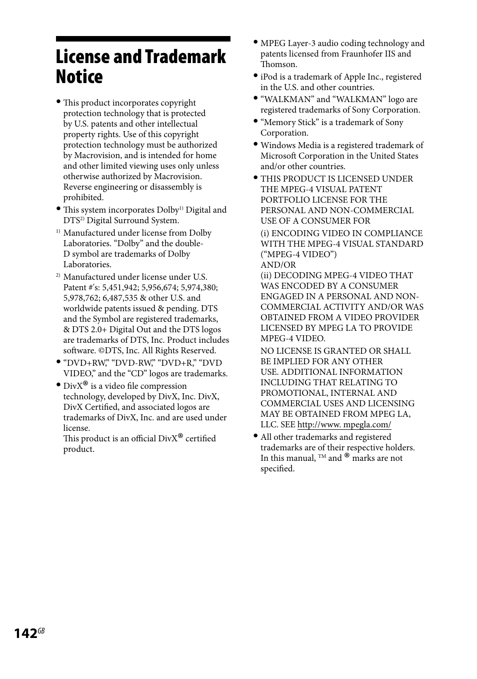License and trademark notice | Sony LBT-LCD77Di User Manual | Page 142 / 143