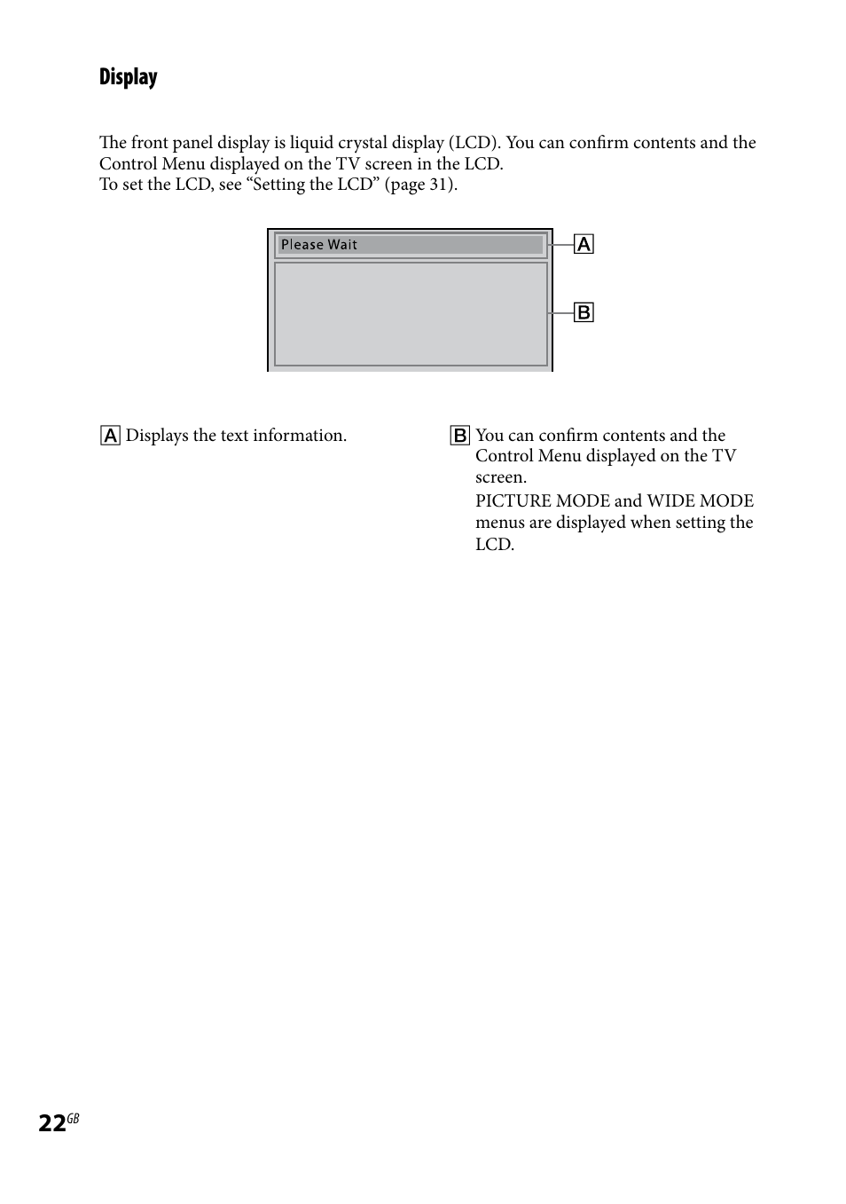 Display | Sony LBT-LCD77Di User Manual | Page 22 / 143